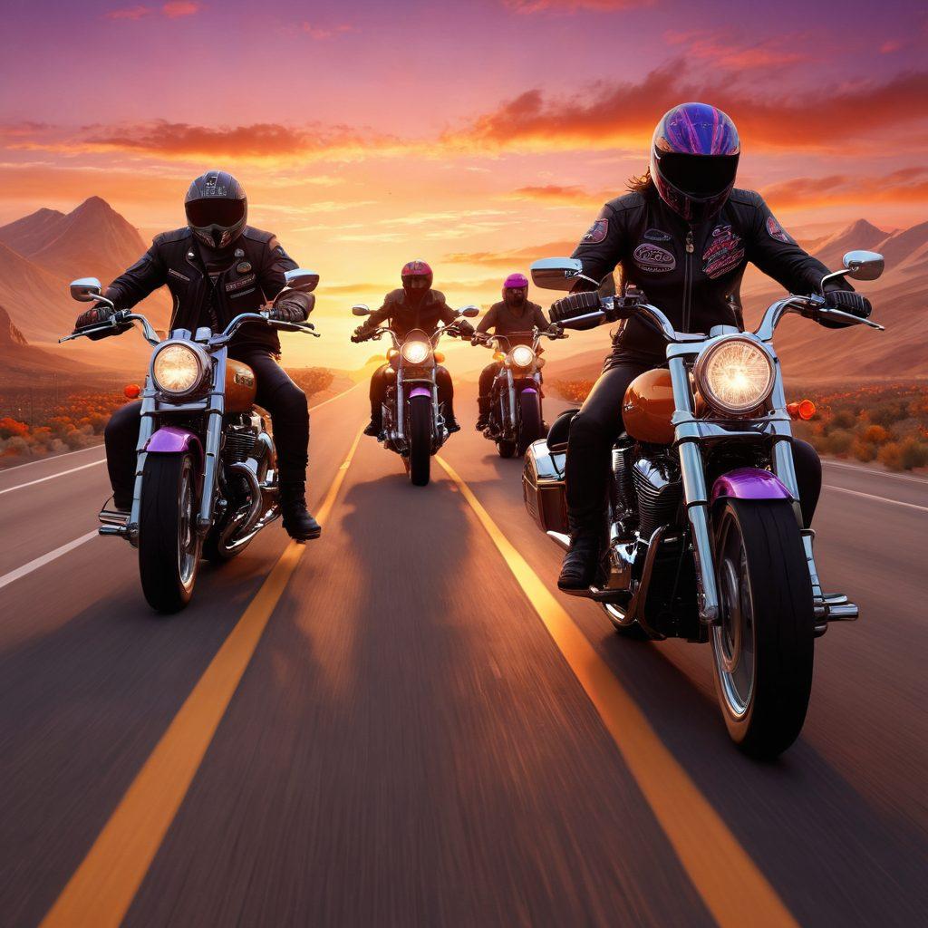A dynamic scene of a diverse group of bikers on roaring motorcycles at sunset, showcasing colorful gear and helmets, with a winding road leading into the horizon. Surrounding them are iconic symbols of biker culture like patches and flags. The sky is ablaze with orange and purple hues, enhancing the spirit of adventure. super-realistic. vibrant colors. 3D.