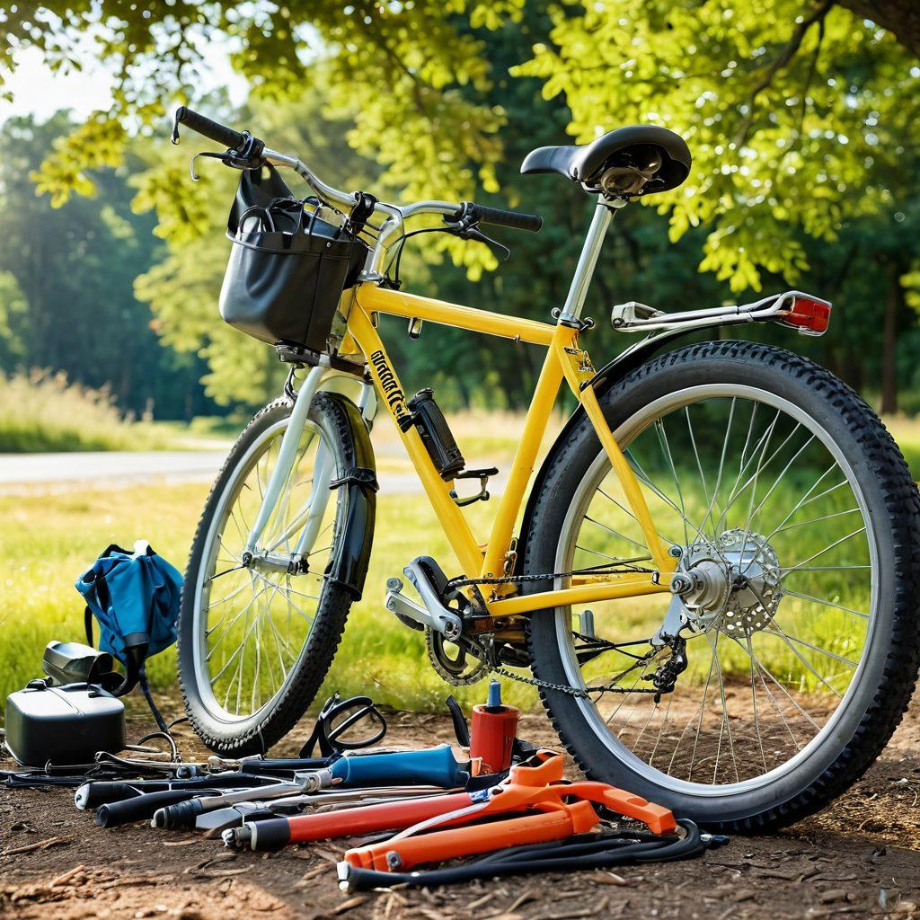 A close-up of a well-maintained bicycle with tools like a wrench and tire pump beside it, set against a picturesque outdoor backdrop featuring trees and a clear sky. Include safety gear like a helmet and reflective vest artistically placed nearby. Bright sunlight illuminating the scene, emphasizing the importance of bike safety and maintenance. vibrant colors. realistic style.