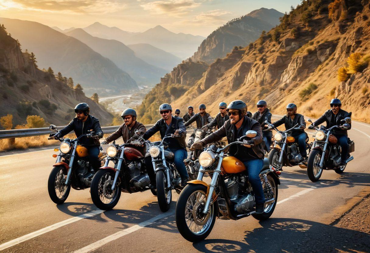 A dynamic scene of a diverse group of bikers gathered around their motorcycles in a scenic landscape, showcasing an array of vibrant bike designs and leather jackets. The backdrop features a winding road, mountains, and the setting sun casting golden hues. Emphasize camaraderie and excitement among the bikers as they share stories and laughter. Artistic style should convey an adventurous spirit, featuring bold colors and a slightly vintage feel. vibrant colors. painting.